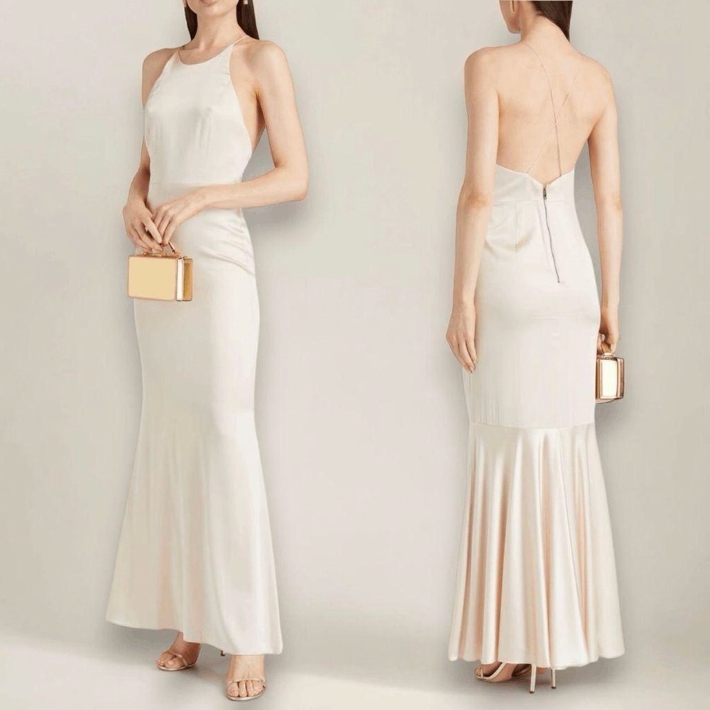 NWT Alice + Olivia Samia Stretch Silk Fishtail Champagne Gown Dress Size 6